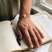 Thumbnail for The gold octagon photo bracelet on her wrist, showing its real small size | SKU: TPH-OCTB-GOLD-18