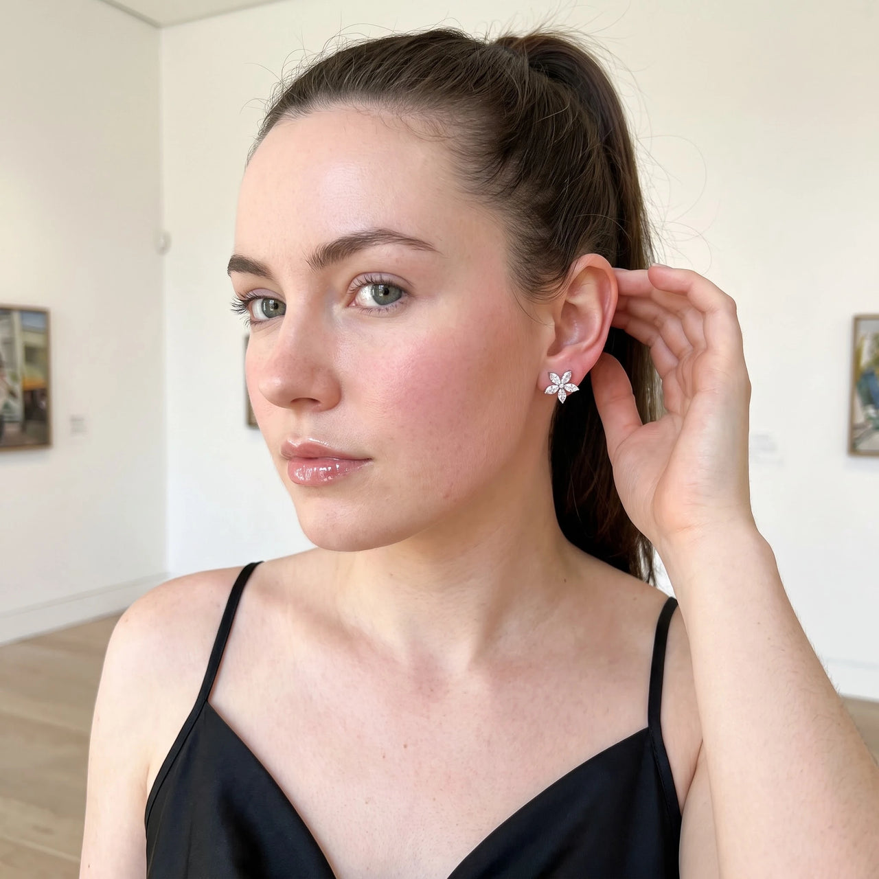 Flower earrings — worn, everyday gesture, silver | SKU: 419620-silver