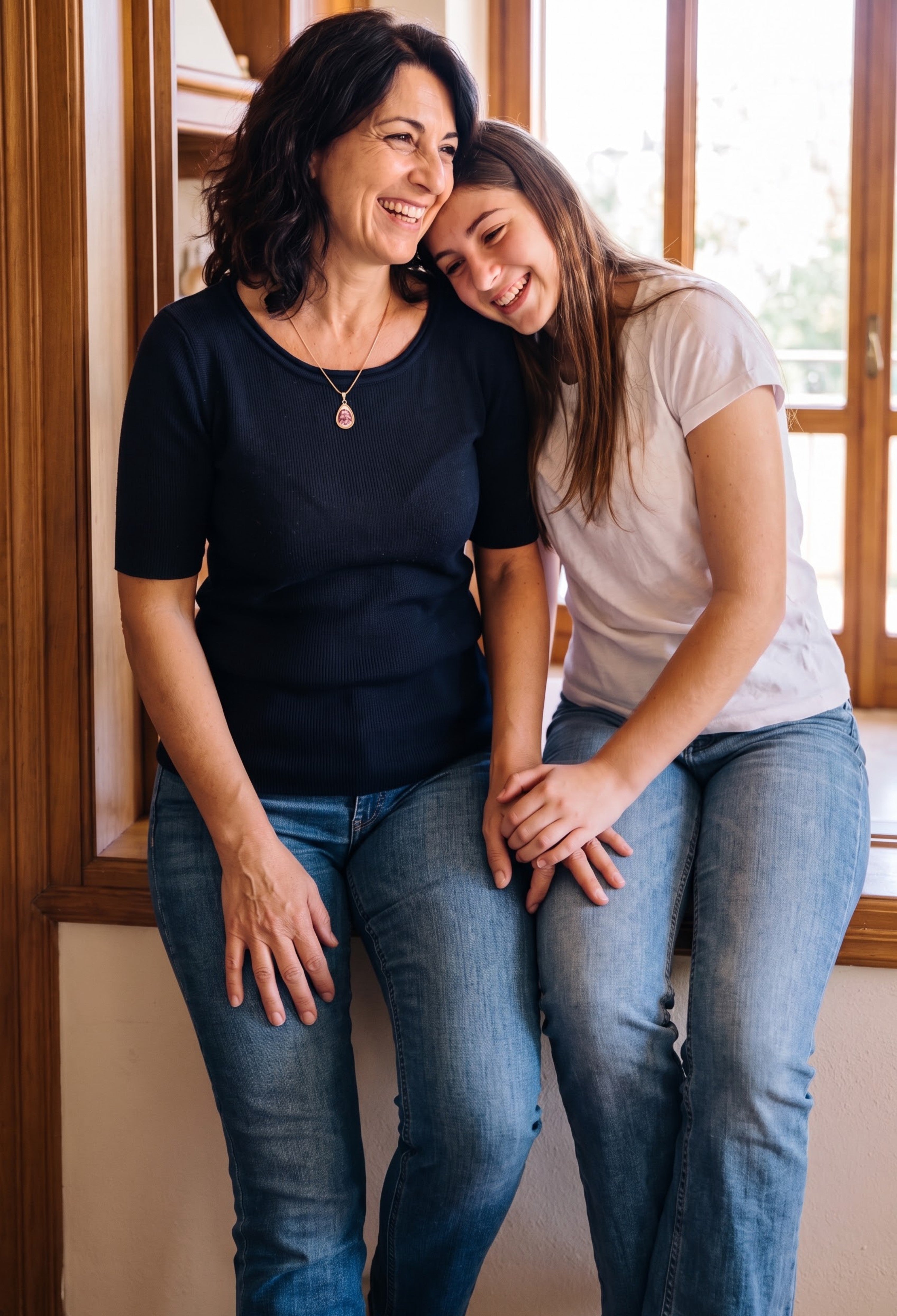 Mother and daughter laughing, mother wearing a Secret Photo Necklace