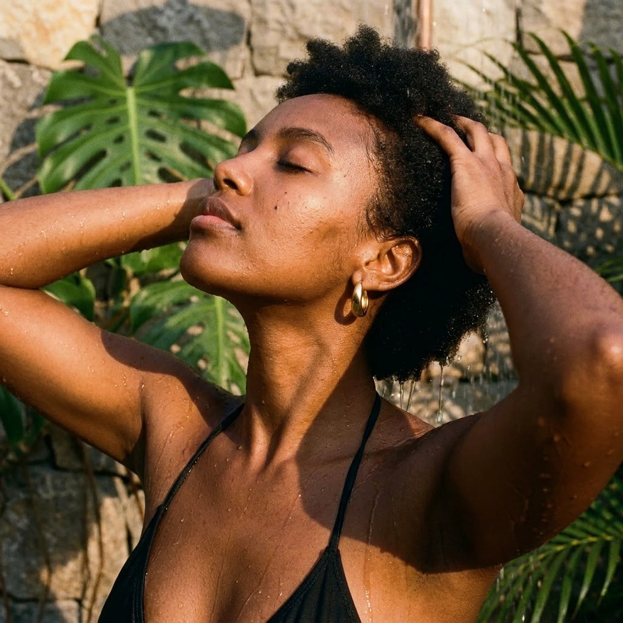 Chunky Dome Hoops in Gold, worn in a tropical outdoor shower | SKU: 41005-gold
