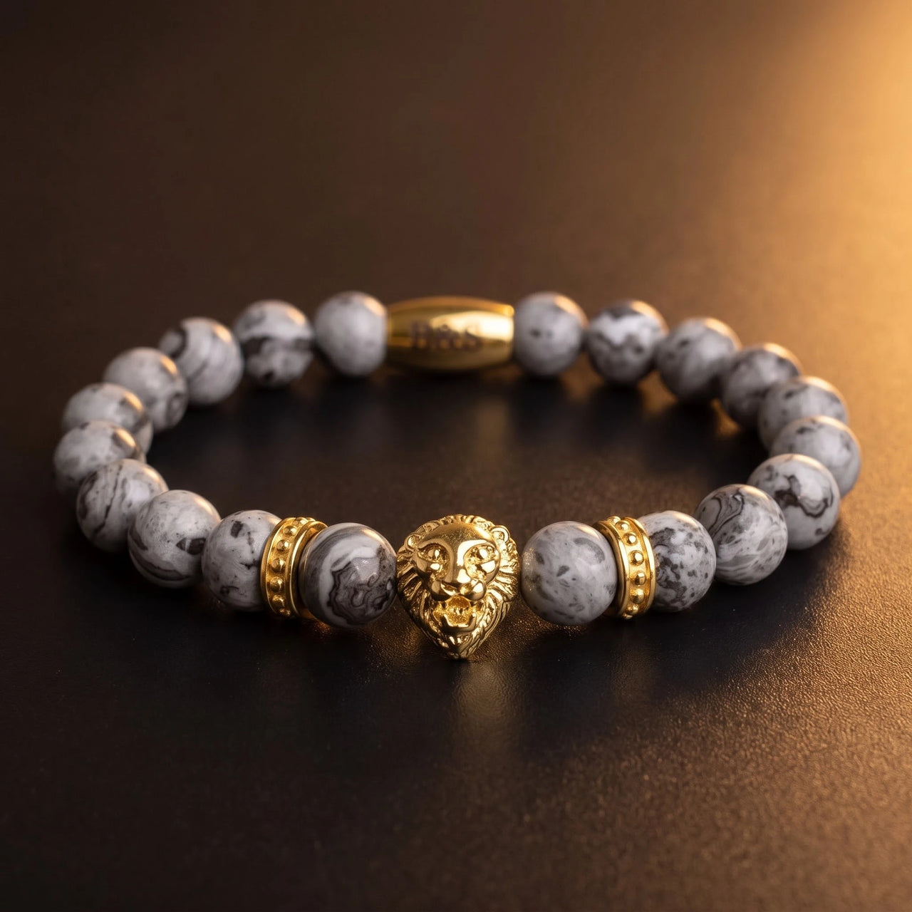 Gold Lion & Grey Stones Bracelet – macro detail of the lion head | Brother & Sisters | SKU: 20866222-gold-XS-14-15, 20866222-gold-S-16-17, 20866222-gold-M-18-19, 20866222-gold-L-20-21, 20866222-gold-XL-22-23
