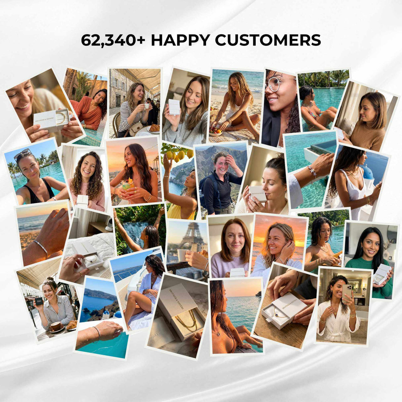 Image collage of 62,340+ happy customers wearing the Tiny Heart Drop Anklet by Brother & Sisters.