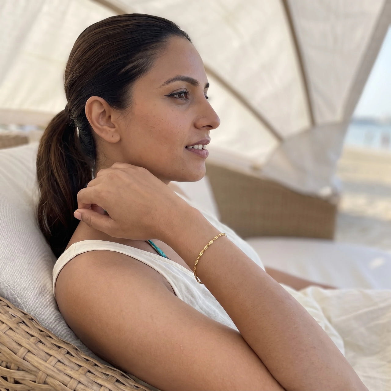 Dainty gold bracelet — worn on a relaxed day, gold | SKU: lafinesse