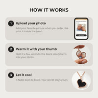 Thumbnail for How it works: upload your photo, warm the heart with your thumb, let it cool back to black | SKU: TPH-HRTN-ROSEGOLD