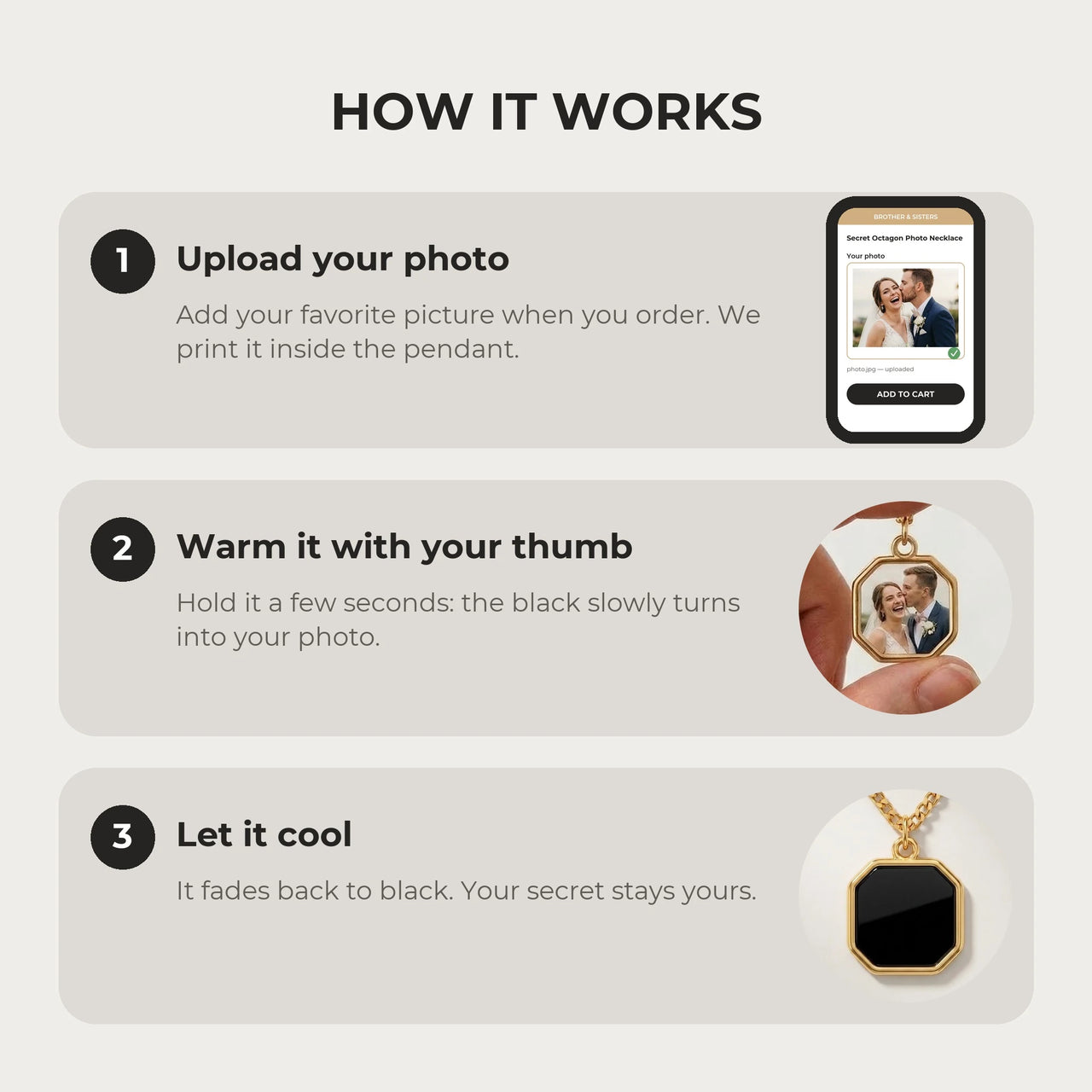 How it works: upload your photo, warm the pendant with your thumb, let it cool back to black | SKU: TPH-OCTN-GOLD