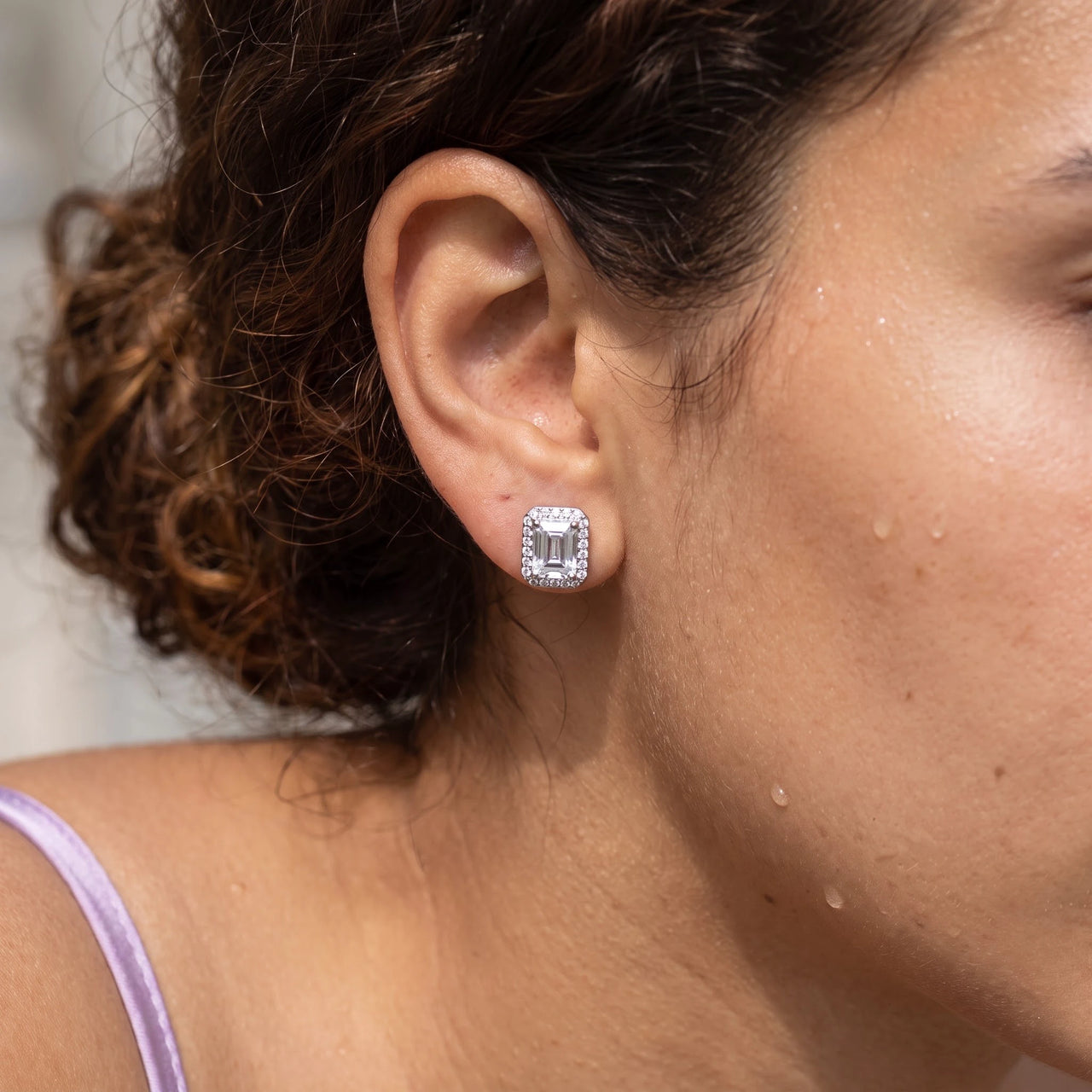 Emerald cut stud earrings — close-up of the details, silver | SKU: 22683128